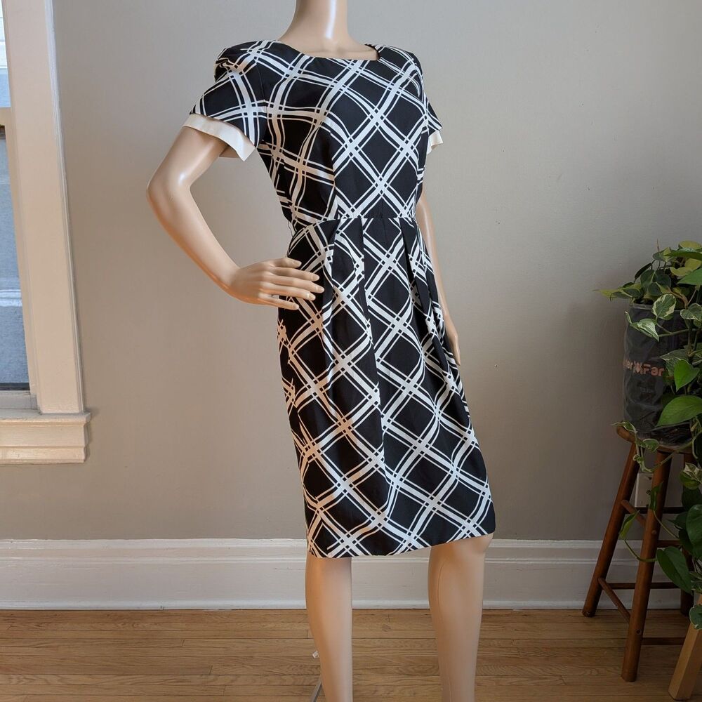 Vintage 90s Gillian Black and White Plaid Silk Dress Midi Shoulder Pads Size 4